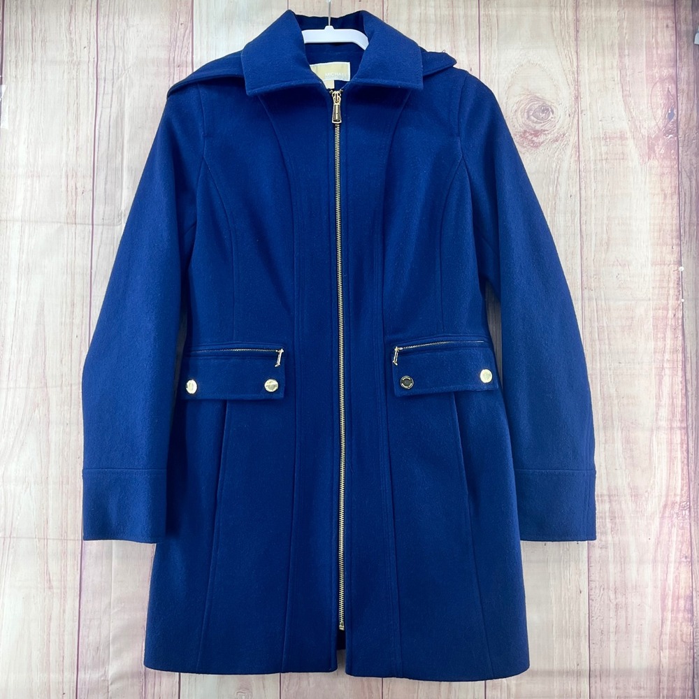 MICHAEL KORS Womens Blue‎ Hooded Wool Blend Full Zip Trench Coat Size 2